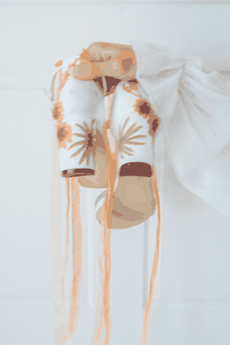Stop-motion animation of a pair of wedding shoes turning gently in a doorway