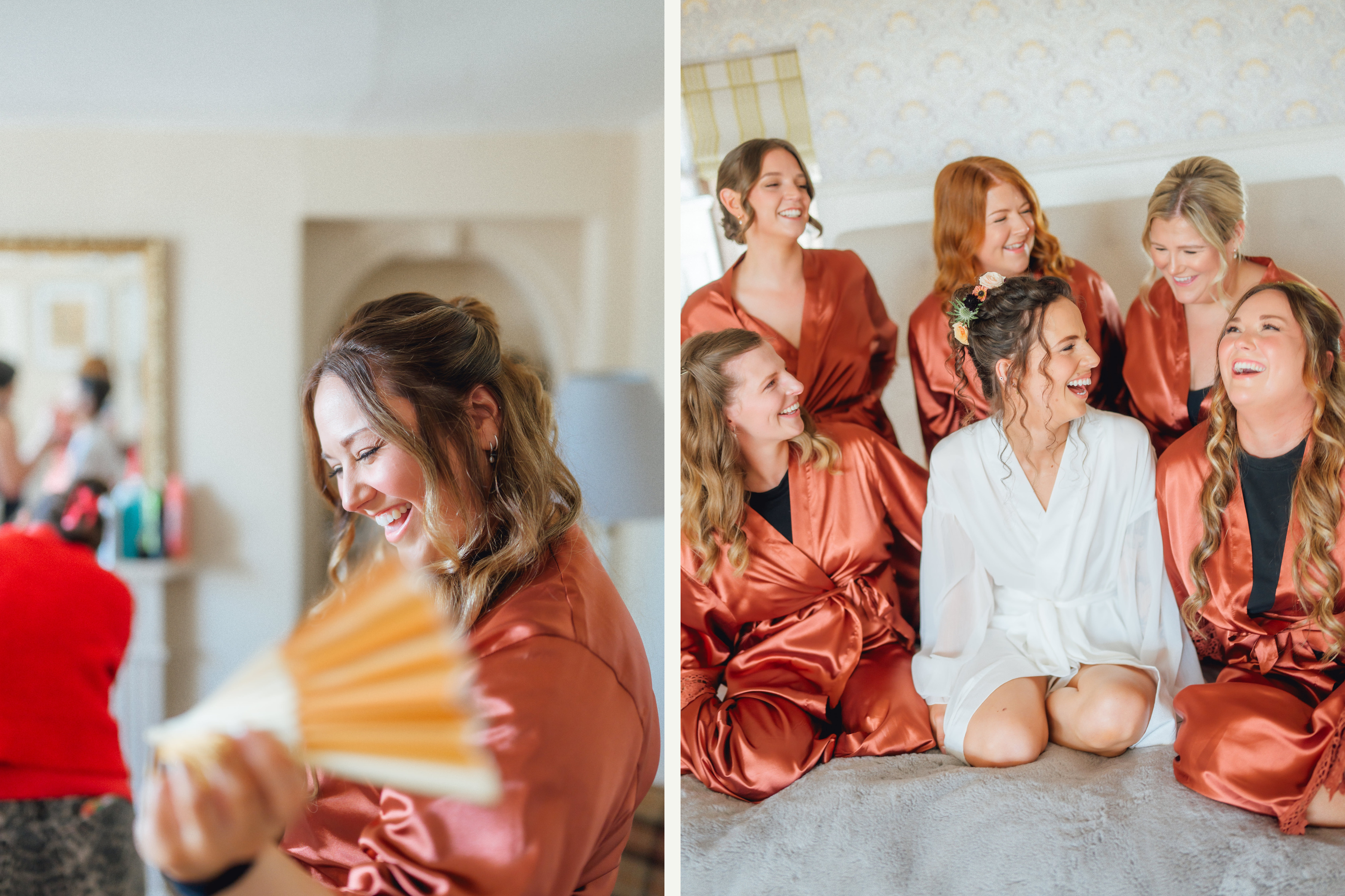 Getting ready, and the bridesmaids laughing